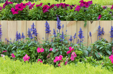 Fototapeta na wymiar Wooden fence in flower garden
