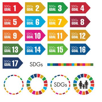 SDGs（Sustainable Development Goals／持続可能な開発目標）の目標17項目それぞれのカラーを使ったゴールに向かう活動イメージアイコン