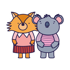 cute fox and koala with clothes cartoon on white background