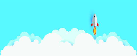 Panorama Rocket launch illustration flying over cloud. beautiful scenery with white clouds.vector illustration concept of business.