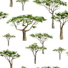 Watercolor Africa trees for baby. Hand drawn seamless pattern illustration of southern trees in the savannah for the textile fabric, wrapping paper.