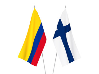 National fabric flags of Colombia and Finland isolated on white background. 3d rendering illustration.