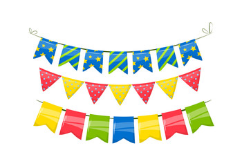 Bunting, garland, colorful flags. Rainbow garland with dots and stars for celebration birthday party decorations vector illustration