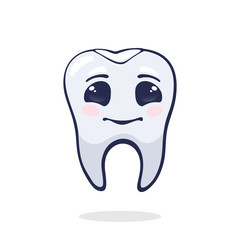 Vector illustration. Cute cured human tooth with happy eyes and dental filling. Dental restoration from caries. Symbol of somatology and oral hygiene. Graphic with contour. Isolated white background
