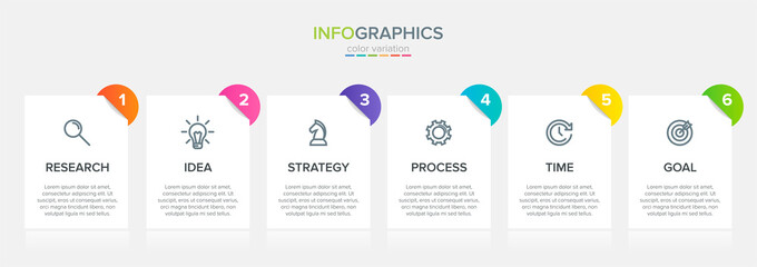 Concept of arrow business model with 6 successive steps. Six colorful graphic elements. Timeline design for brochure, presentation. Infographic design layout