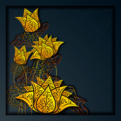 Template for invitation card, background, banner, greeting card, banner, wallpaper with golden beautiful lotus flower pattern on graphite background color. 3D vector illustration. Paper cut out style.