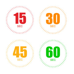 Set of timers for 15, 30, 45, 60 seconds. stopwatch icon countdown time digital stop chronometer.