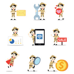 Set of character woman driving a safari vehicle around South Africa.