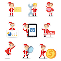 Set of character male Santa Claus brings gifts.