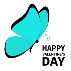 Happy Valentines Day. Butterfly icon. Cute cartoon kawaii funny baby character. Colorful blue wings. Morpho didius. Flying insect silhouette. Love card. Flat design. White background. Isolated