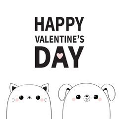 Happy Valentines Day. Cat dog face. Contour silhouette. Scandinavian style. Cute cartoon pooch kitten character. Kawaii animal. Funny baby puppy kitty. Love card. Flat design. White background.