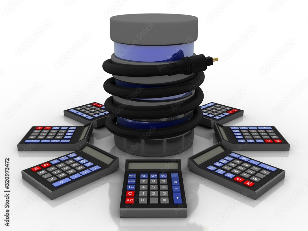 Aufkleber 3d rendering aux cable connected database around calculator