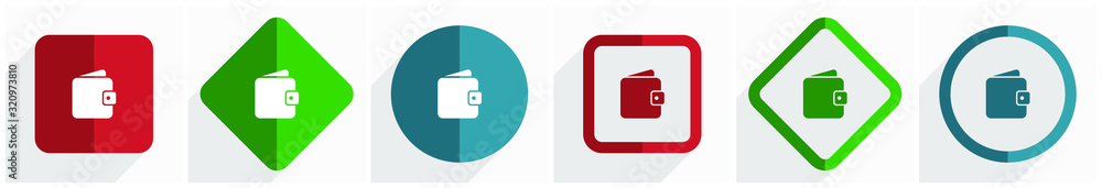Poster purse, wallet icon set, flat design vector illustration in 6 options for webdesign and mobile applic