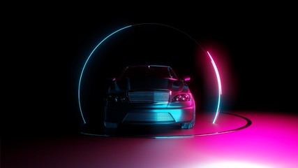 Plakat Car with neon light circle frames