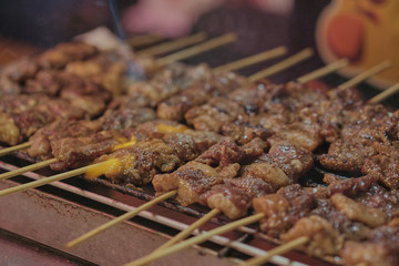 Juicy Pickle Pieces of Pork or Beef Meat On A Grill.