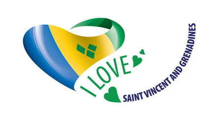 National flag of the Saint Vincent and the Grenadines in the shape of a heart and the inscription I love Saint Vincent and the Grenadines. Vector illustration