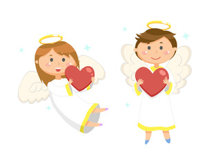 Smiling girl and boy holding heart-shaped balls. Holiday card decorated by angels on white, portrait view of woman and man with wings and nimbus vector