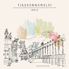 Tiruvannamalai (Tiru), Tamil Nadu, India. Arulmigu Arunachaleswarar Temple (The Annamalaiyar Shiva Temple), Annamalaiyar hill. Artistic drawing. Travel sketch. Vintage hand drawn postcard