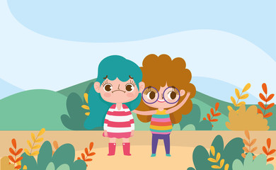 Obraz na płótnie Canvas little girls cartoon character facial expression landscape nature background