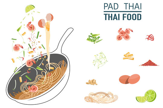 Pad Thai Noodles Most Popular Thai Food Cooking On Pan With Ingredient Vector