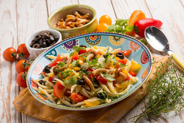 cold salad pasta witn mushroom tomatoes capsicum and black olives