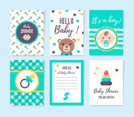 Set of vertical greeting cards and invitation for boy baby shower. It’s a boy. Place for text