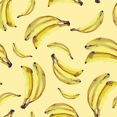 Fruit banana seamless patten. Hand drawing gouache. Yellow bananas. Design for wallpaper, fabric, textile, food services, postcards, packaging, website.