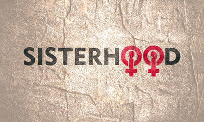 Sisterhood lettering. Venus sign icon. Silhouette of woman head