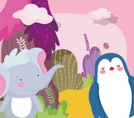 little elephant and penguin cartoon character forest foliage nature landscape