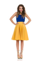 Fototapeta na wymiar Cute Smiling Woman In Wedge Shoes And Yellow Skirt. Front View.