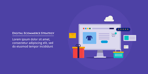 Ecommerce marketing, digital strategy for online web store, shopping cart, internet and technology concept.  Web banner template, presentation with text.