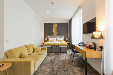 Interior of a double bed hotel bedroom