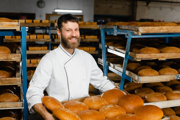 A baker holds a tray with fresh hot bread in his hands against the background of shelves with fresh bread in a bakery. Industrial bread production