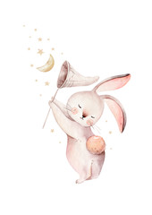 Schattige baby konijn dierlijke droom illustratie komeet met gouden sterren in de nachtelijke hemel, bos konijntje illustratie voor kinderkleding. Kwekerij Wallpaper poster Woodland aquarel Hand getrokken ontwerp poster