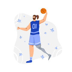 Disabled basketball player with ball, young muscular man with prosthetic leg, physical disorder or impairment basketball player, sport inclusion concept for banner, poster, website, flat people vector