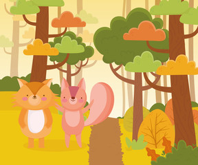 Obraz na płótnie Canvas cute squirrel and fox path forest trees nature landscape
