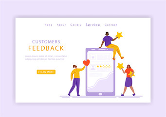 Client feedback concept landing page template, miniature tiny girls and giant phone, web banner with place for text, customers review and feedback, service evaluation. flat people caracters, Vector