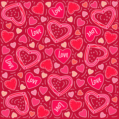 Fototapeta na wymiar Vector illustration in doodle style. Pink heart pattern on a red background. For congratulations, for postcards, for printing, for a loved one.