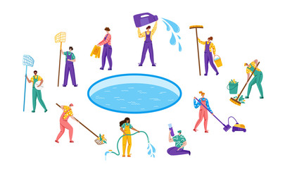 Fototapeta na wymiar Pool maintenance or cleaning service, set of people in uniform, cleaning team and products for swimming pool, workers with equipment - test water, net, broom, flat vector for website, landing, banner