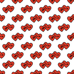 Seamless pattern with line art icons of double cupid hearts. Good for Valentines Day, wedding invitation and other.