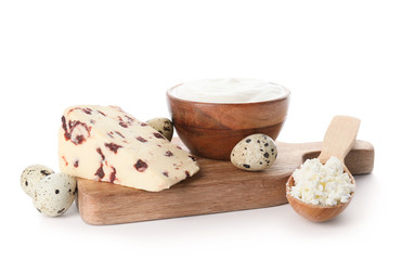 Different dairy products on white background