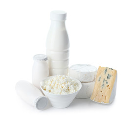 Different dairy products on white background