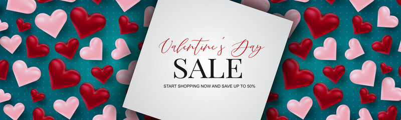 Valentine's Day sale banner design. Romantic love 3d hears decoration on blue background. Design concept for website header or newsletters. Vector illustration.
