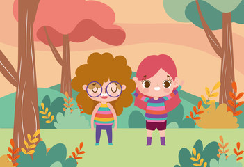 Obraz na płótnie Canvas little girls cartoon character facial expression landscape nature background