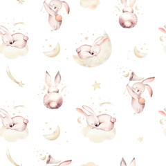 Cute baby rabbit animal seamless Easter pattern pussy-willow, forest bunny illustration for children clothing. Nursery Wallpaper background Woodland watercolor Hand drawn poster