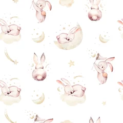 Behang Slapende dieren Schattige baby konijn dierlijke naadloze Pasen patroon pussy-wilg, bos bunny illustratie voor kinderkleding. Kwekerij Wallpaper achtergrond Woodland aquarel Handgetekende poster