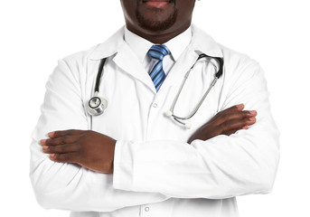 Male African-American doctor on white background