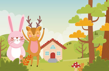 Obraz na płótnie Canvas cute rabbit and deer trees foliage nature landscape