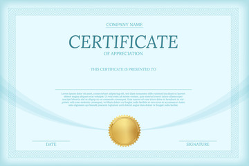Certificate of appreciation color vector template. Diploma layout with text space. Luxury graduation document with golden seal. Business and management course. University, college achievement award.
