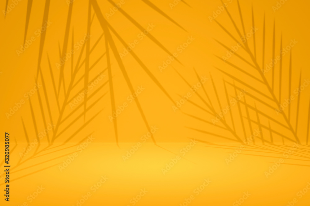 Aufkleber Abstract yellow background with summer palm pattern on empty studio backdrops. Tropical style for showing product. 3D rendering.